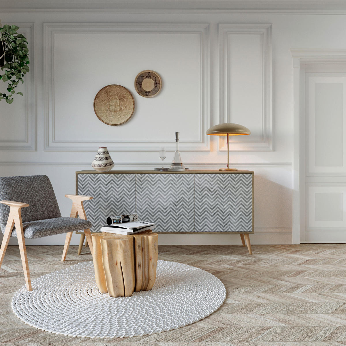 SIDEBOARD CONCRETE ZIG ZAG, Eicheneffekt, 164,5x42x77,5 cm, 3 Türen - Eichefarben/Buchefarben, Holzwerkstoff/Buchenholz (164.5/77.5/42cm) - SpaceRebels