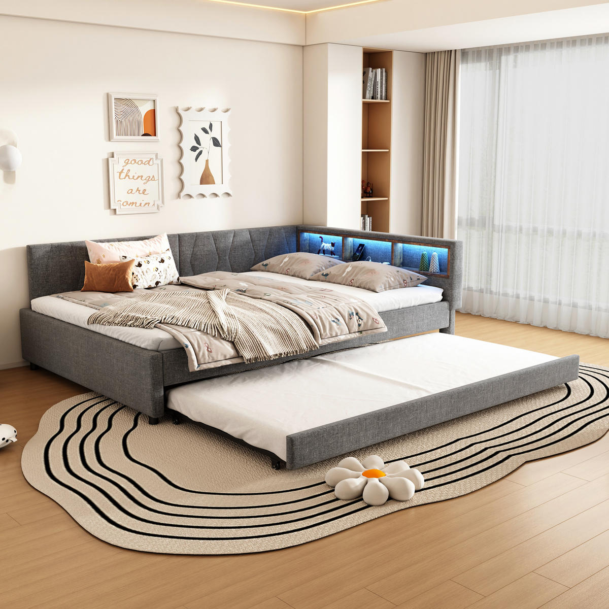 TAGEBETT 140x200cm Grau Leinen USB-C LED-Licht Ausziehbett - Grau, Holz (140/200cm) - FLIEKS