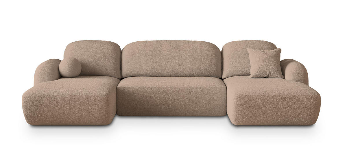 WOHNLANDSCHAFT SAVONA N Beige Boucle-Stoff mit Schlaffunktion - Beige, Holz (320/90/148cm) - MASSENO