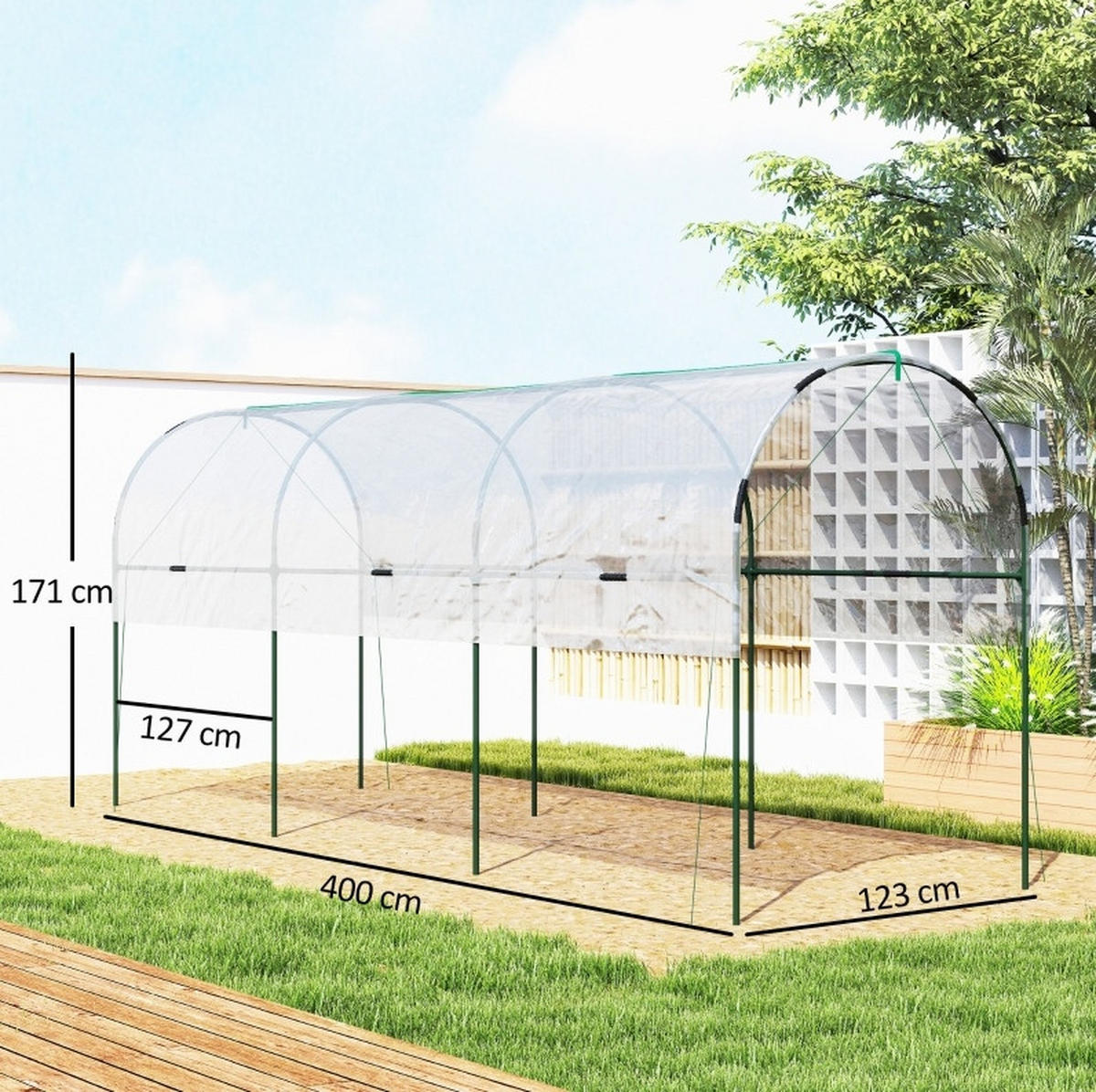 GEWÄCHSHAUS aus Edelstahl 400x123x171 cm in Transparent mit Erdspießen - Transparent, Metall (123/171/400cm) - Modfu