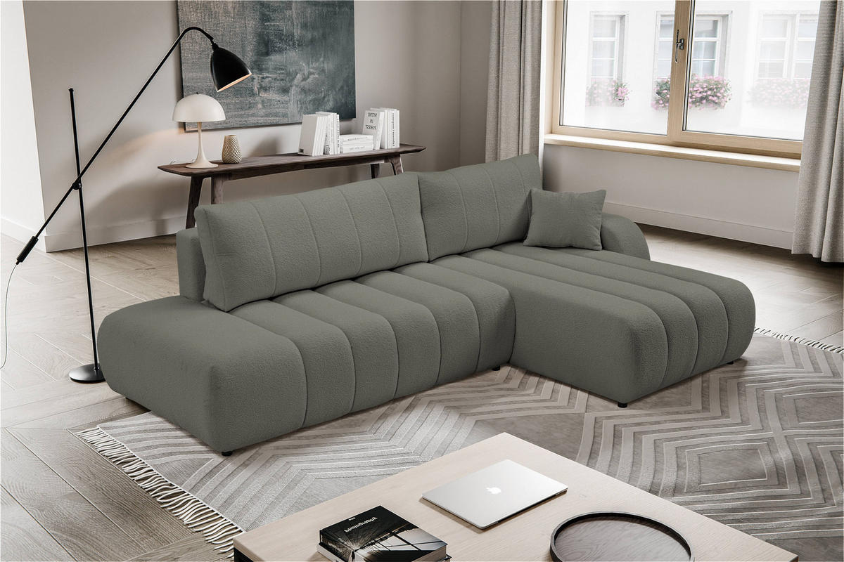 ECKSOFA GIOIA R-S Grau Boucle-Stoff mit Schlaffunktion - Grau, Holz (276/176cm) - MASSENO
