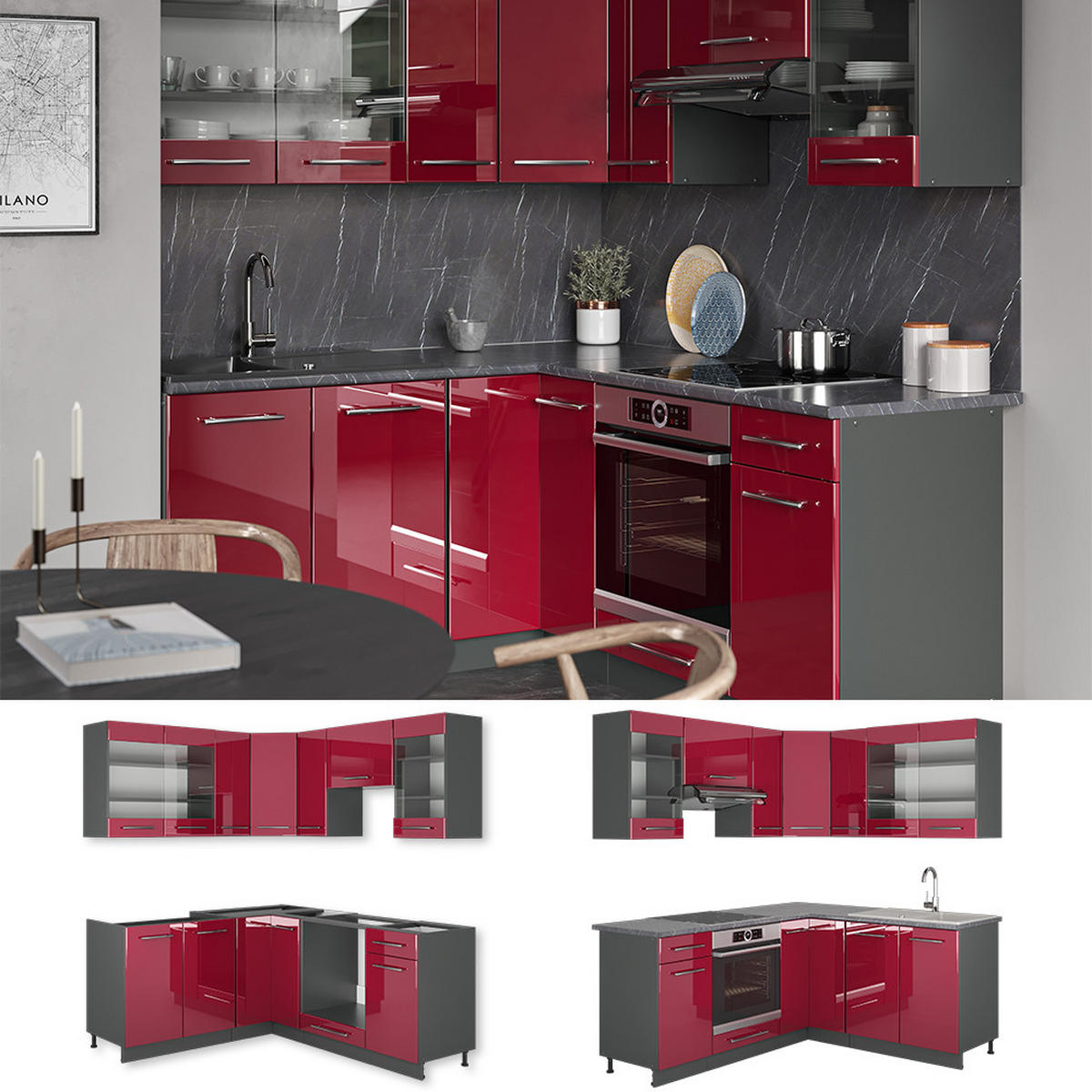 ECKKÜCHE Fame-Line Bordeaux Hochglanz/Anthrazit 160 x 60 cm ohne AP - Bordeaux/Anthrazit, Holzwerkstoff (190/81.6/46cm) - Vicco