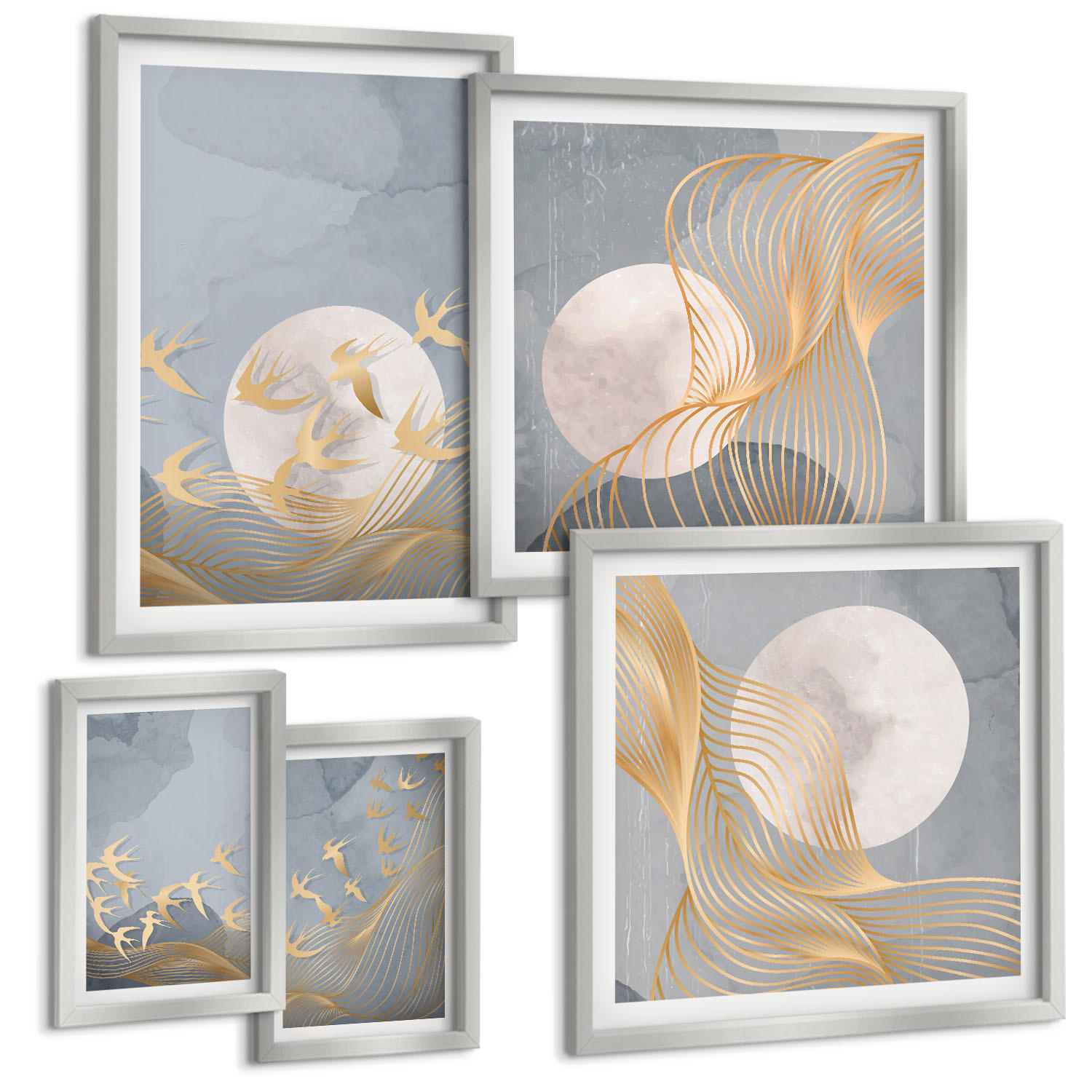 BILDER SET 5er Set - 50x50 cm & 20x30 cm & 40x60 cm Silberner Rahmen - Weiße Pferde - Silberfarben, Kunststoff (40/60cm) - TULUP