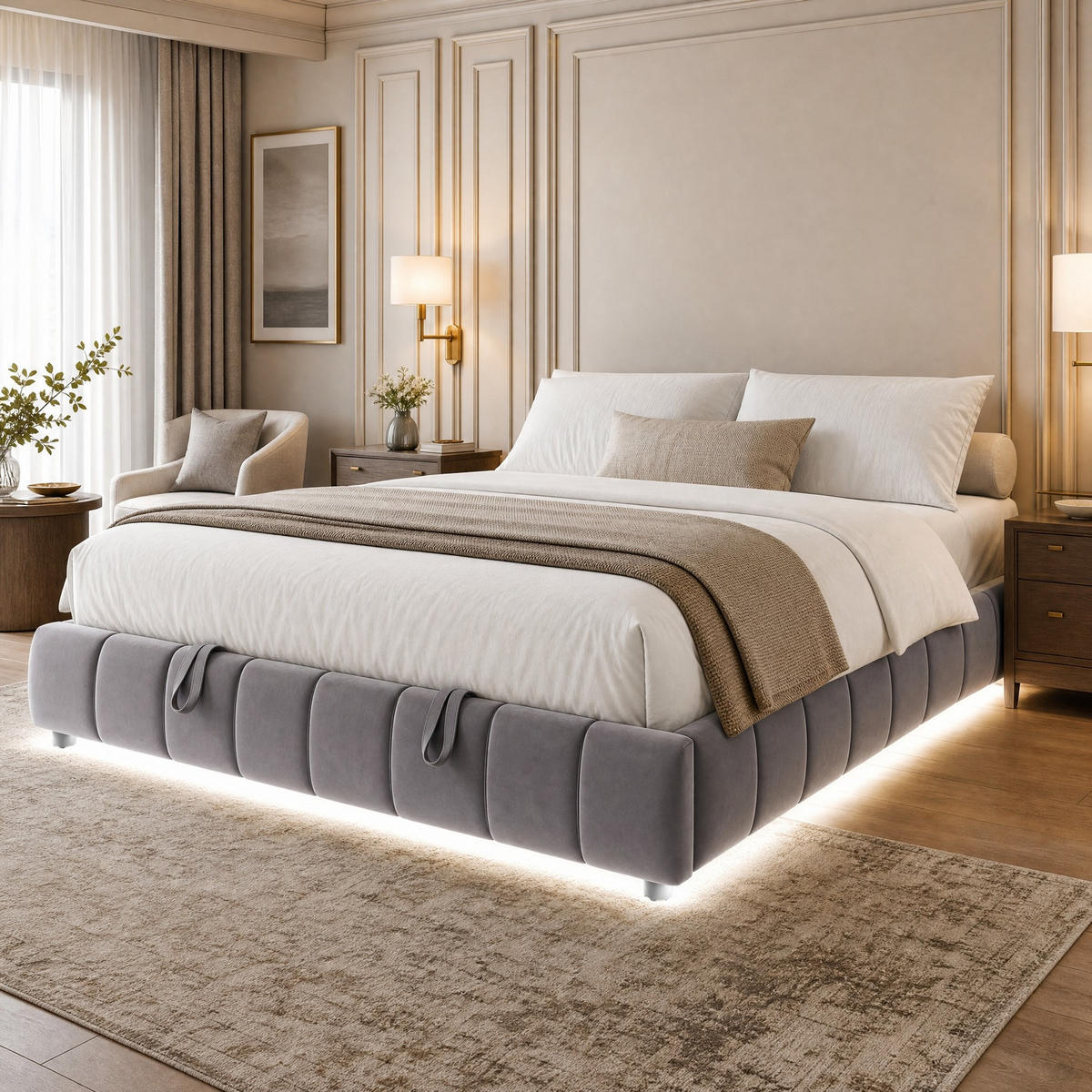 POLSTERBETT 180/200 mit LED-Lichtleiste, hydraulischem Stauraum und Metallrahmen in Grau - Grau, Holzwerkstoff/Textil (180/200cm) - EVRYAE