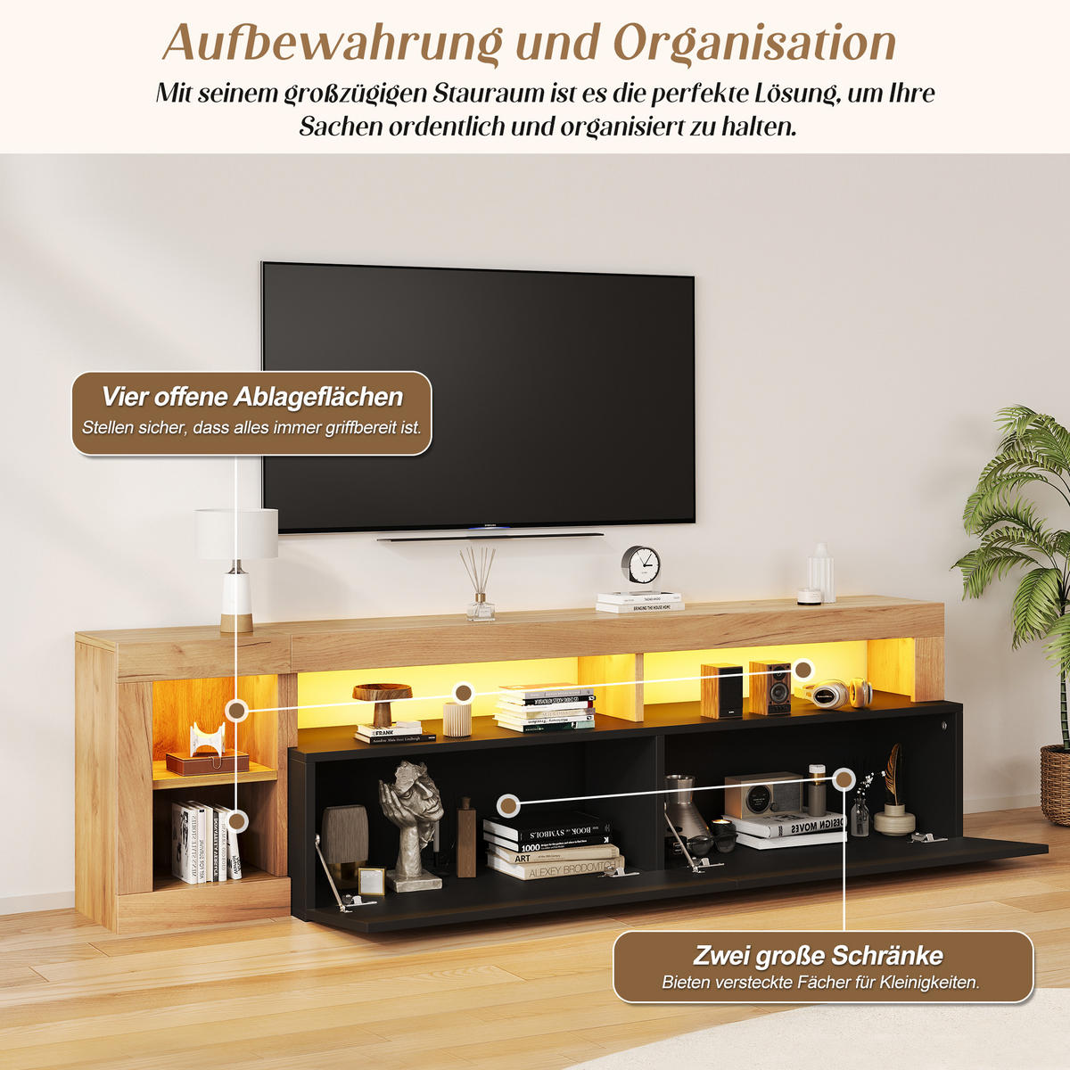 TV-SCHRANK 80 Zoll LED Stauraum Holz Schwarz Lowboard - Schwarz, Holzwerkstoff (184/58/42cm) - FLIEKS
