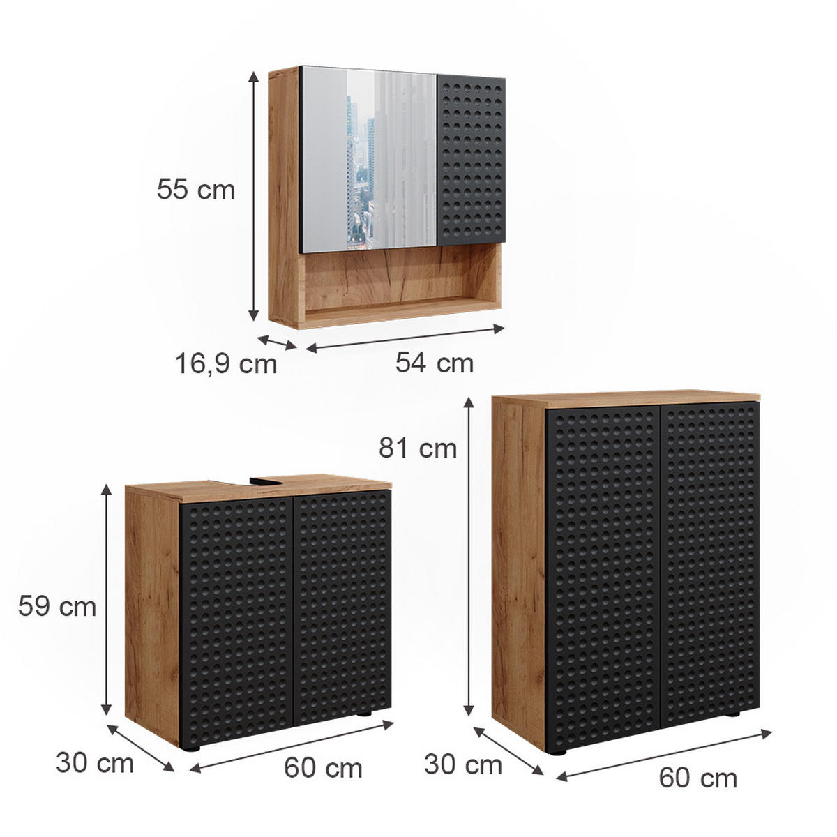 BADMÖBEL-SET Irma Anthrazit gepunktet 3 Teile, mit Unterschrank 60 cm - Anthrazit/Eiche Wotan, Holzwerkstoff (80/58.6/41cm) - Vicco