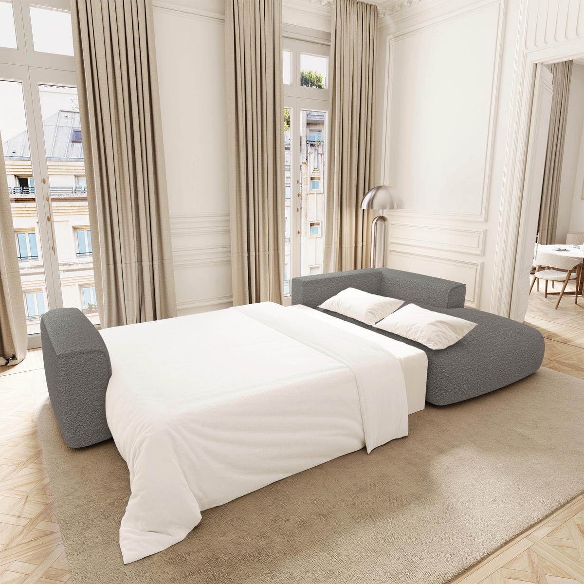 ECKSOFA rechtwinklig COMO Bouclé-Stoff Graphitgrau 297cm - Dunkelgrau/Graphitfarben, Textil (297/167cm) - Premium Interiors