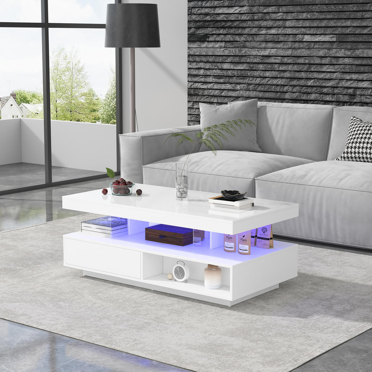 COUCHTISCH Kommode mit Glasdetails, LED, 2 Schubladen, 2 Fächer, App-Steuerung MDF Hochglanz - Weiß, Holzwerkstoff (95/50/42.5cm) - EVRYAE