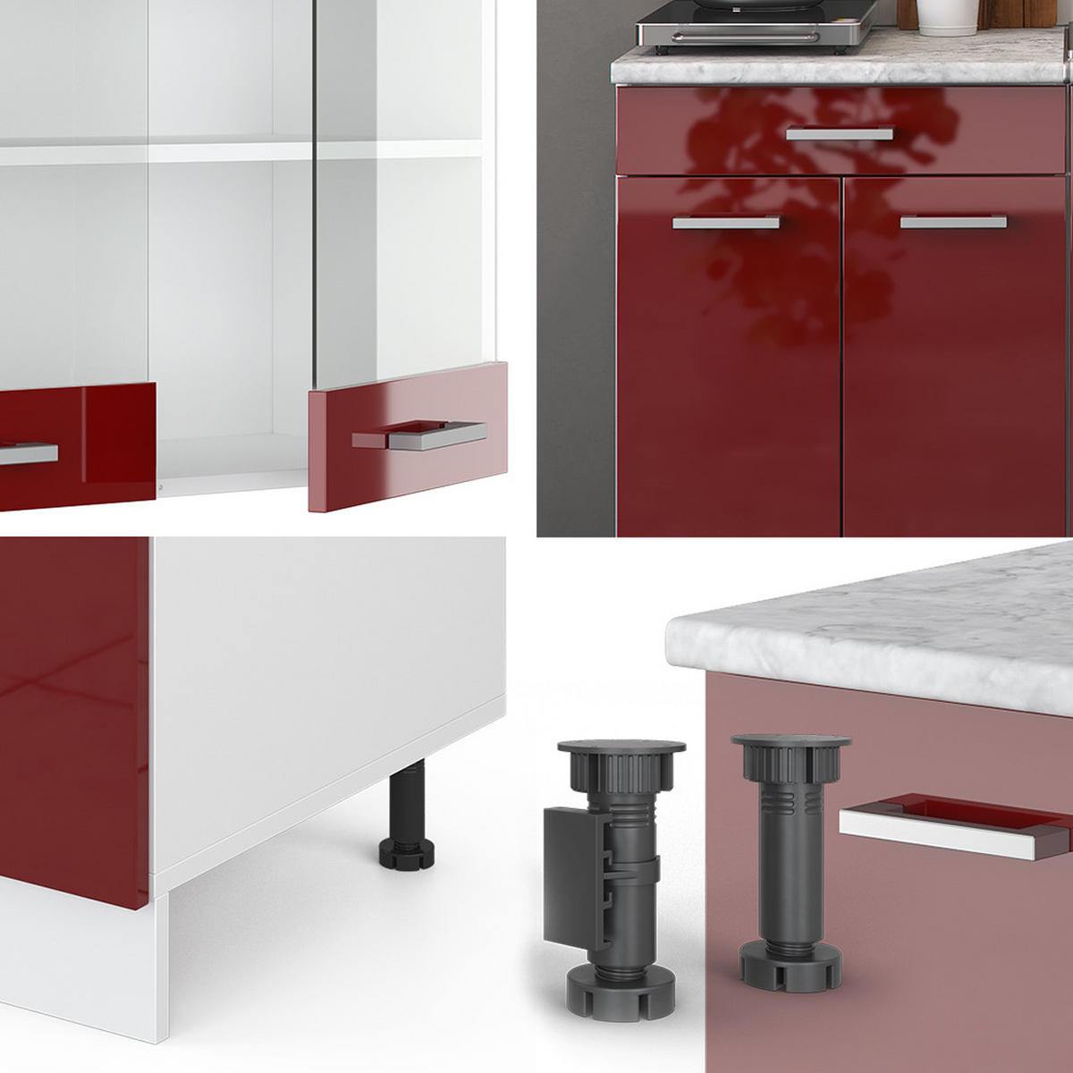 KÜCHENZEILE R-Line Bordeaux Hochglanz/Weiß 140 cm, AP Eiche - Bordeaux/Weiß, Holzwerkstoff (140/81.6/60cm) - Vicco