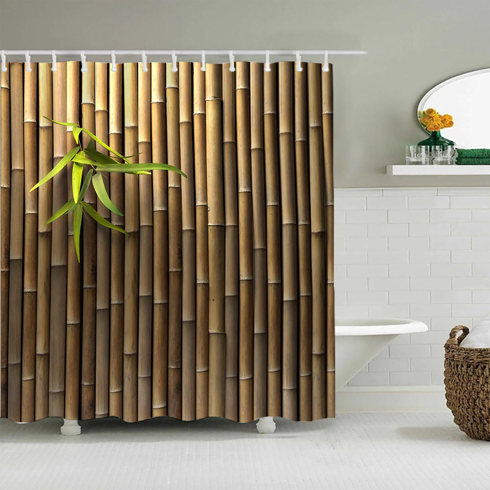 DUSCHVORHANG Bambus Blatt Grün Bambus Muster Wand bedruckt Dekoration Badezimmer 150 x 180 cm - Braun, Textil (180/150cm) - MCBOSON