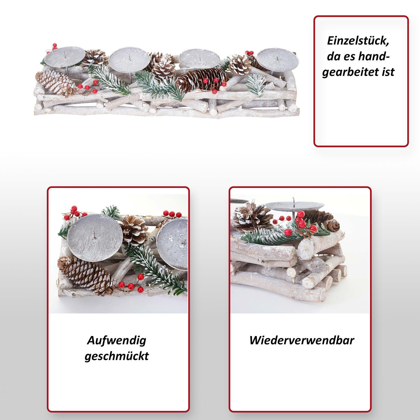 ADVENTSKRANZ LÄNGLICH HOLZ KERZEN ROT Weiß, Rot - Rot/Weiß, Holz (11cm) - MCW