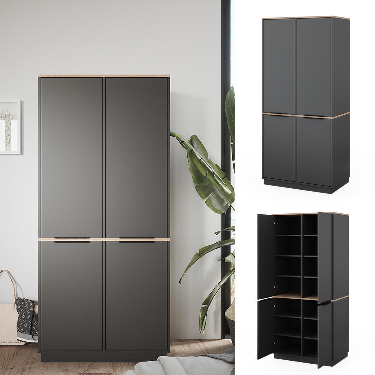 KLEIDERSCHRANK Betti Anthrazit 82 x 179 cm mit 4 Türen - Anthrazit/Sonoma Eiche, Holzwerkstoff (82/179/50cm) - Vicco
