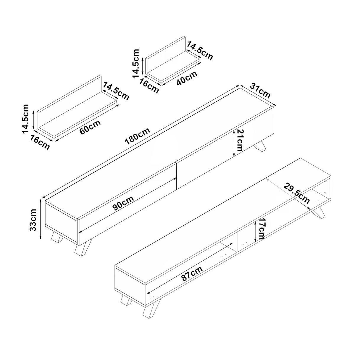 LOWBOARD Saarijärvi mit 2 Wandregalen - Schwarz, Holzwerkstoff (180/33/31cm) - [en.casa]