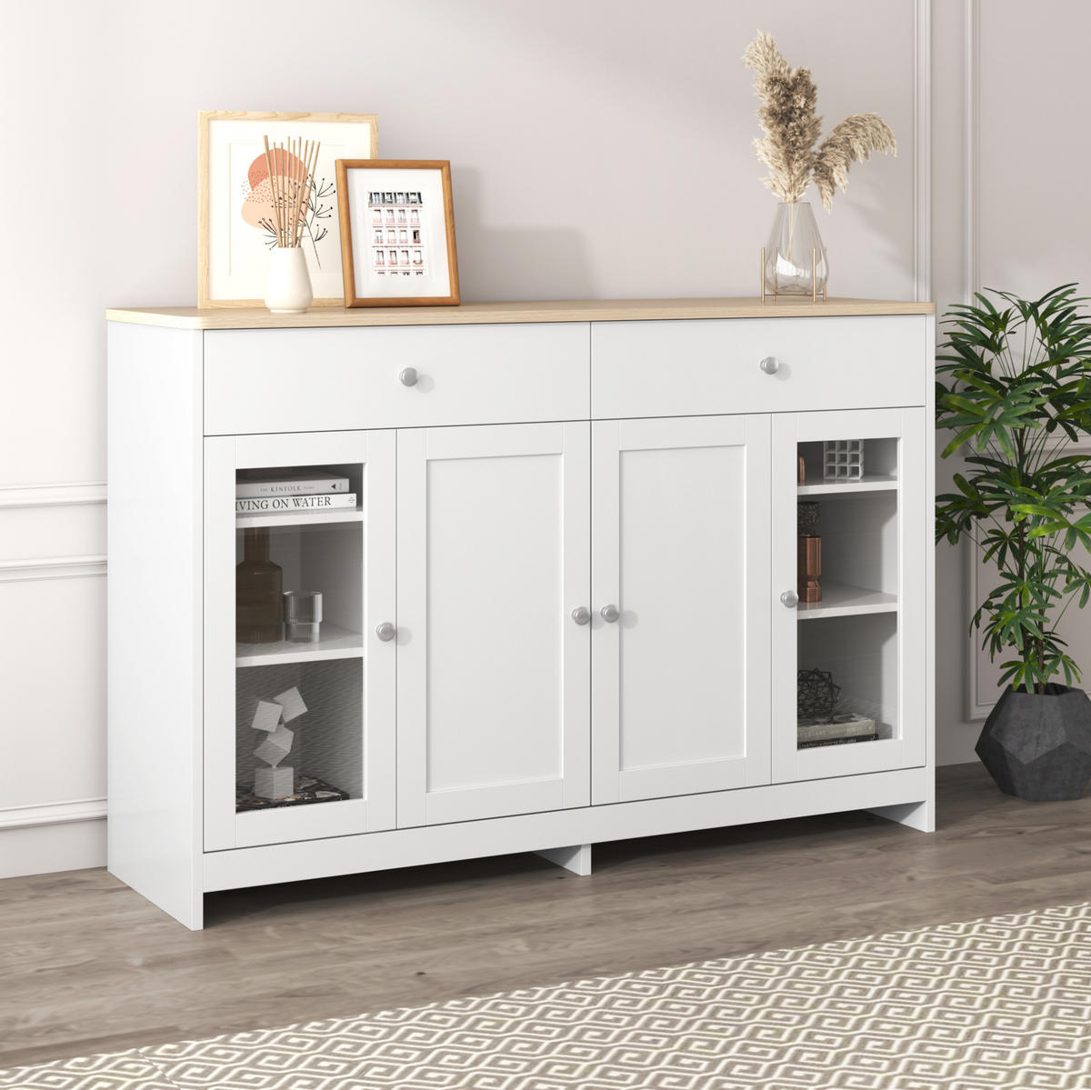 SIDEBOARD mit 2 Schubladen, 4 Türen, verstellbaren Regalböden, holzfarbene Oberseite und weiße Seiten, 120/37/80 cm, Holzfarbe und Weiß - Weiß, Holzwerkstoff (120/80/37cm) - Redom