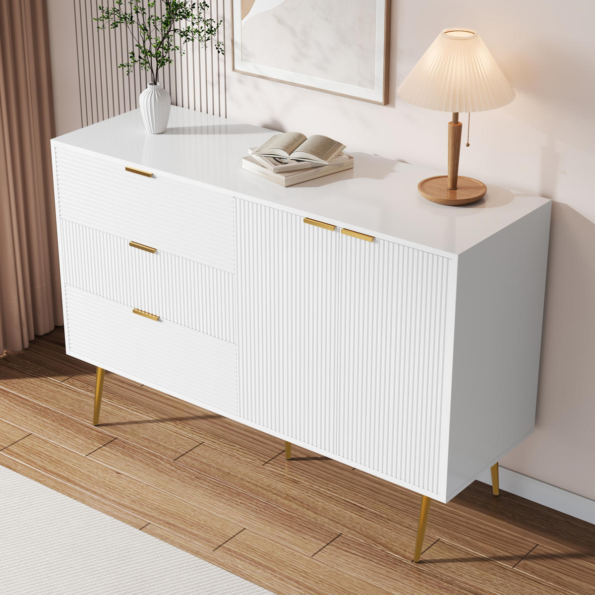 SIDEBOARD in Weiß-Gold mit 3 Schubladen und 2 Türen, MDF-Korpus, Wellenmuster, elegante goldene Griffe und Beine, 120/38/80,5 cm, Weiß-Gold - Weiß, Holzwerkstoff (120/80.5/38cm) - Redom