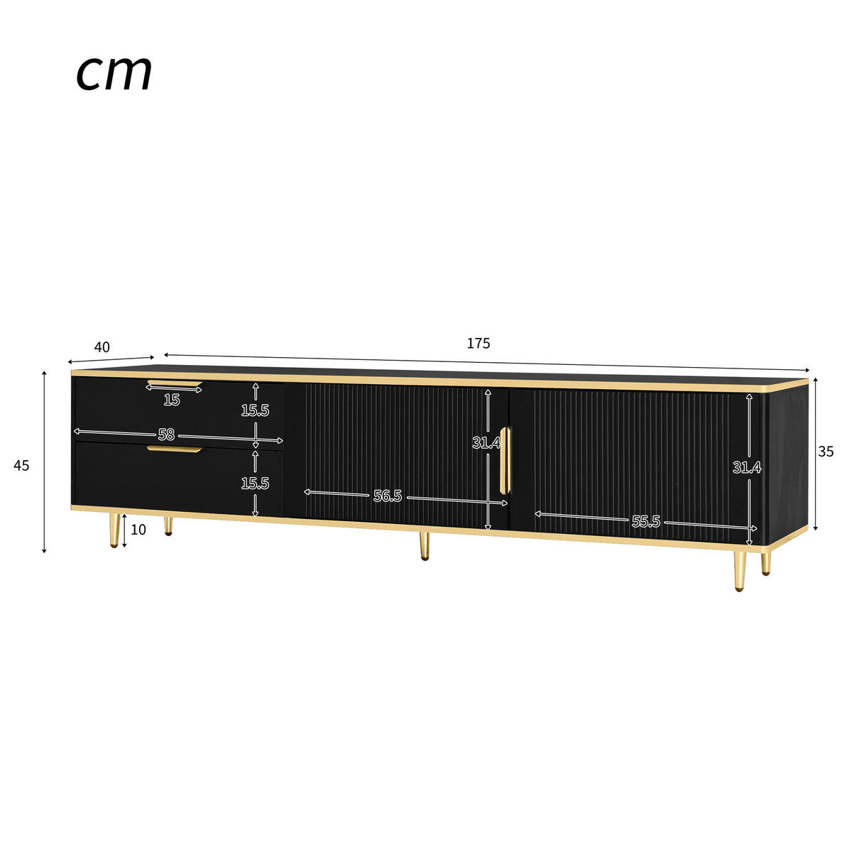TV-LOWBOARD in Schwarz mit Golddetails, 2 Schubladen und 2 Türen 175/40/45 cm - Schwarz, Holzwerkstoff (175/45/40cm) - Redom