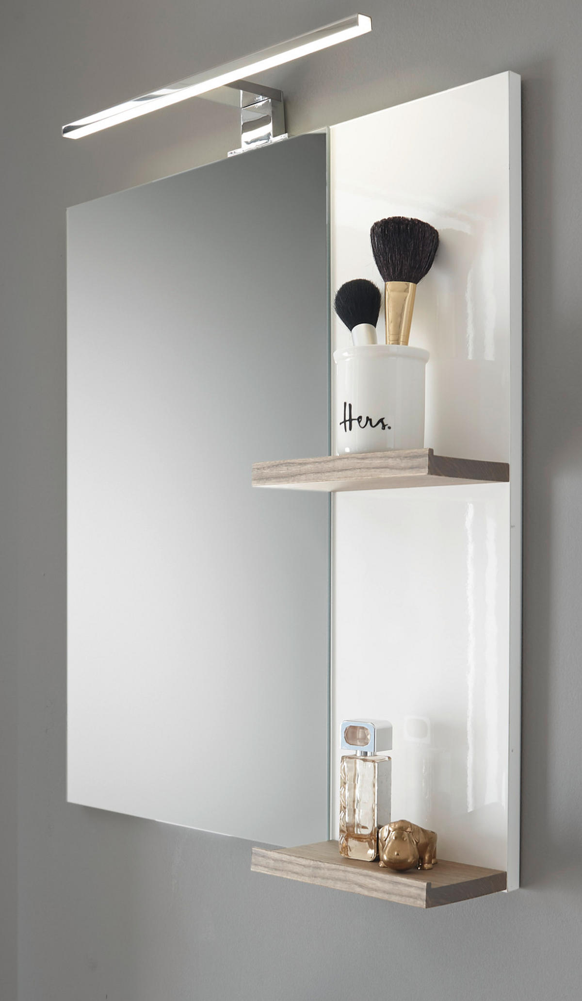 BADSPIEGEL weiß Lack Hochglanz, Eiche, Badspiegel mit Ablage 60 x 65 cm - Weiß Hochglanz/Eichefarben, Holzwerkstoff (60/65/12cm) - Furn.Design