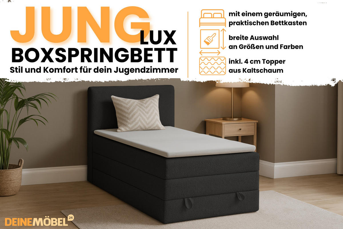BOXBETT JUNG LUX 90/200 in Boucle Schwarz - Schwarz, Holz/Holzwerkstoff (90/200cm) - Deine Möbel 24