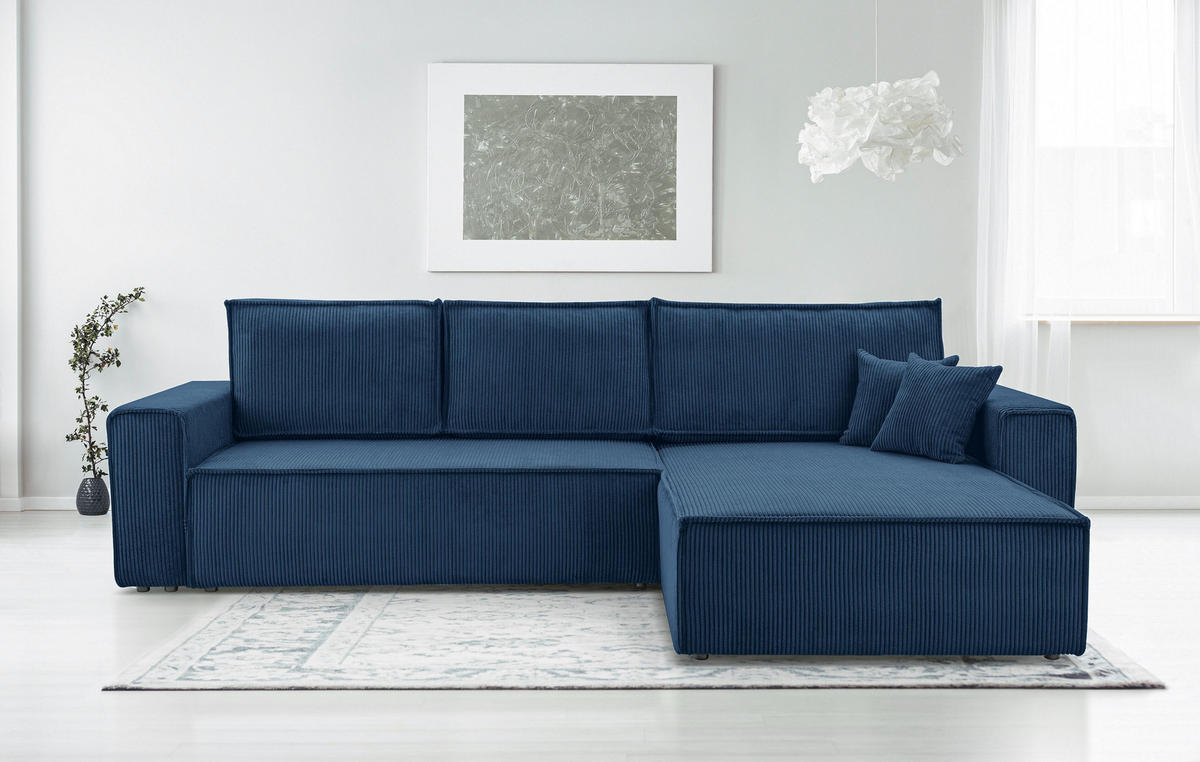 ECKSOFA L Form Cedria Blau 287/145/85 cm mit Schlaffunktion - Schwarz/Dunkelblau, Kunststoff/Textil (287/145cm) - AX Living