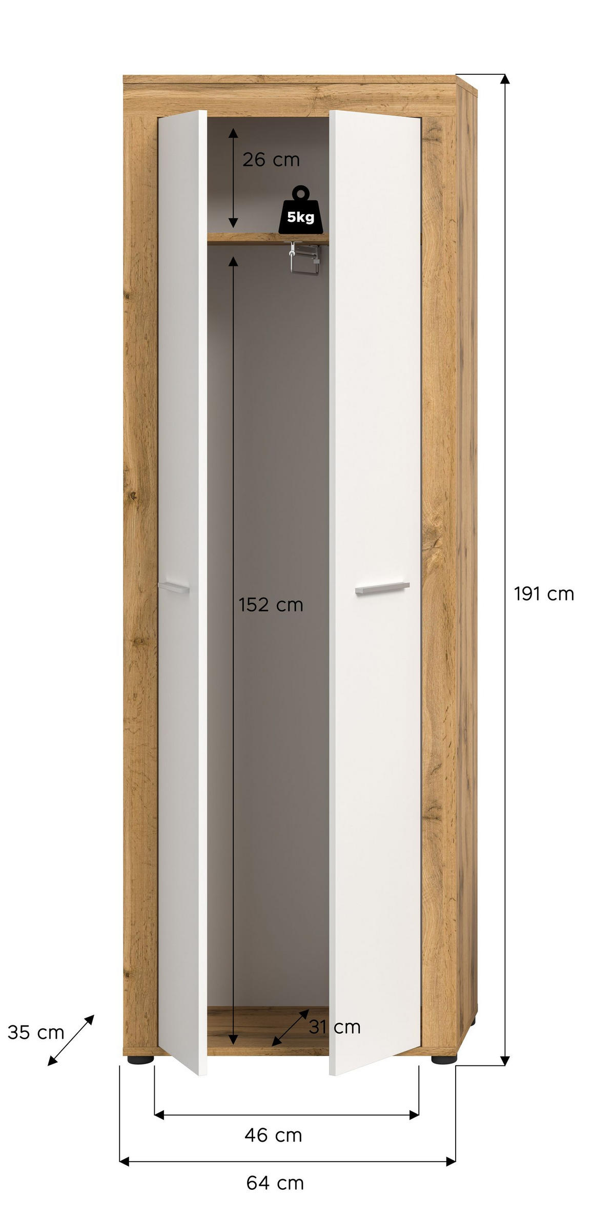 GARDEROBENSCHRANK JAM (B/H/T: ca. 64/191/35 cm) in Wotan Eiche Nachbildung/weiß - Eichefarben, Holzwerkstoff (64/191/35cm)