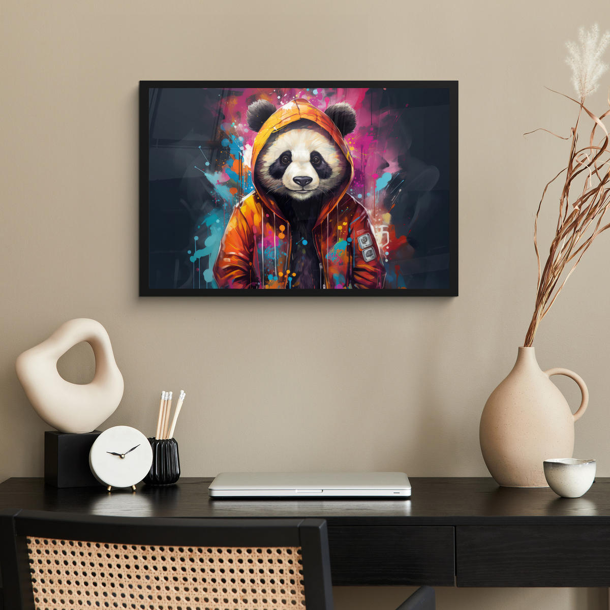 POSTER MIT RAHMENGERAHMTES BILD Panda - Jacke - Graffiti - Orange 60x40 cm - Orange, Papier (60/40cm) - MuchoWow