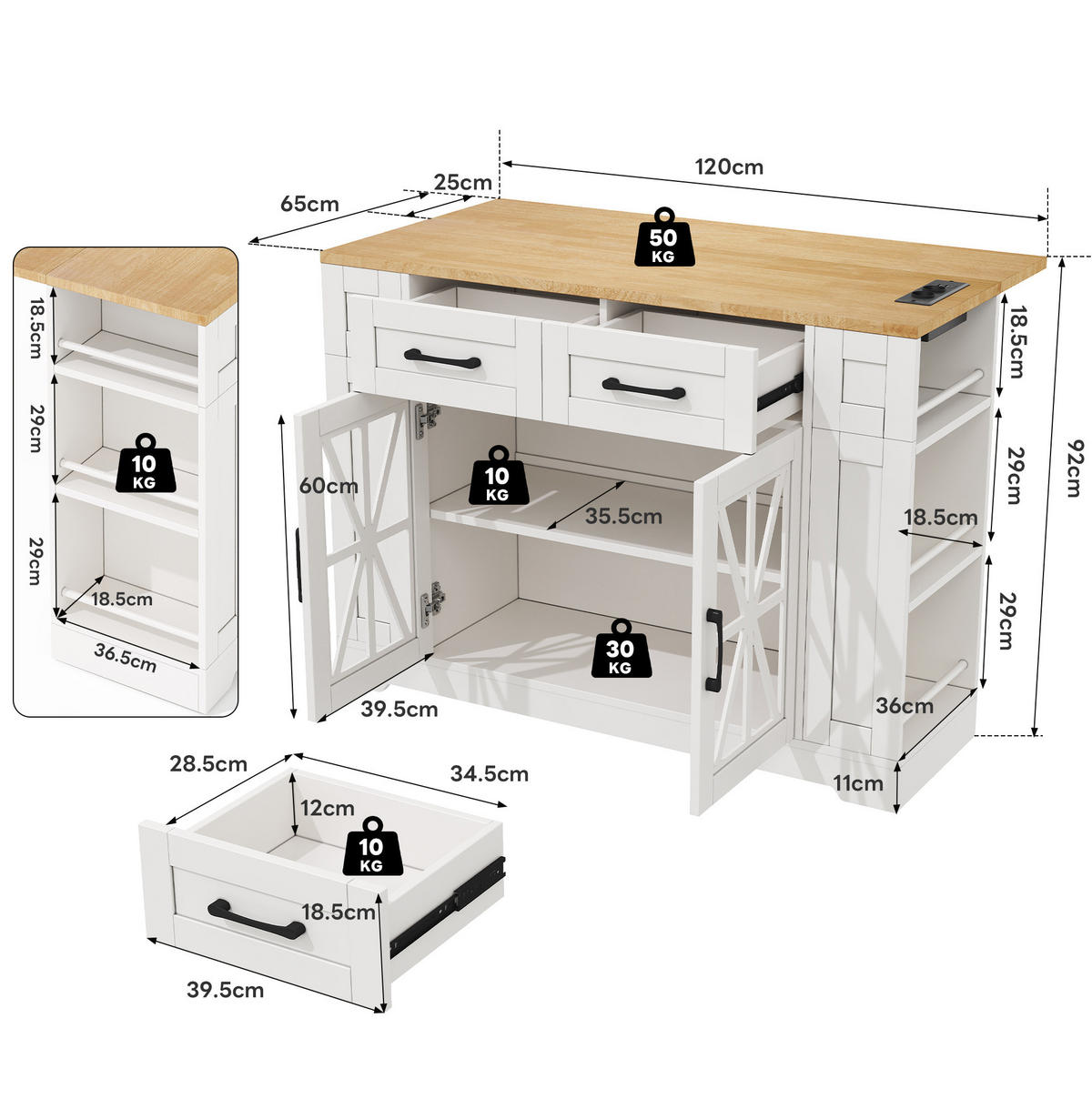 KÜCHENINSEL 120/92/40(65) cm Weiß/Natur aus MDF mit Klapptisch - Weiß, Holzwerkstoff (65/92/120cm) - OKMYHOME