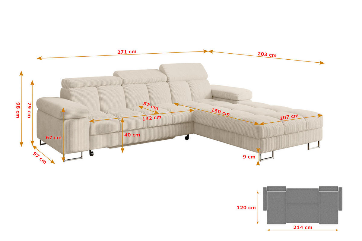 ECKSOFA mit Schlaffunktion Ottomane Rechts COMA L 271x203x79 Beige Cord - Beige, Holzwerkstoff/Textil (203/271cm) - ALTDECOR