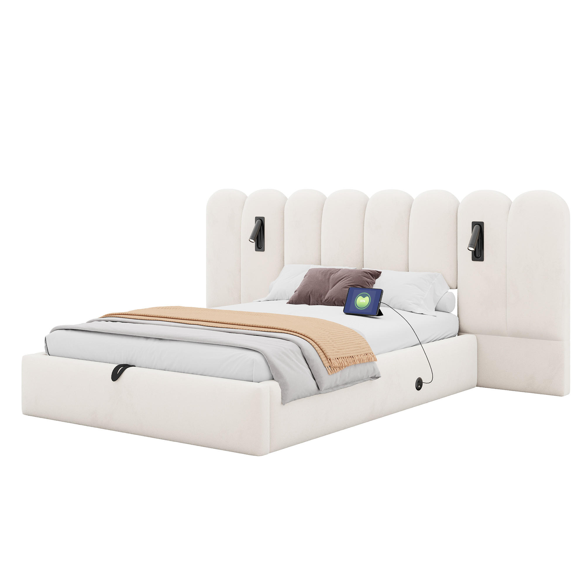 BOXBETT 160/200 mit Wolken Kopfteil, Bettkasten/Leselampe/USB, Samt, Beige - Beige, Holz/Textil (160/200cm) - LVHOM