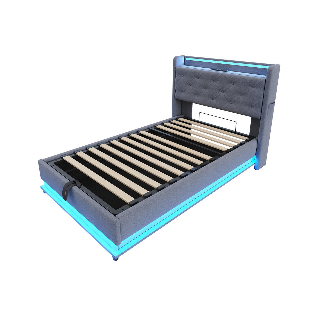 POLSTERBETT 90/200 cm Grau mit hydraulischem Stauraum und USB-Anschlüssen - Grau, Textil (90/200cm) - OKWISH