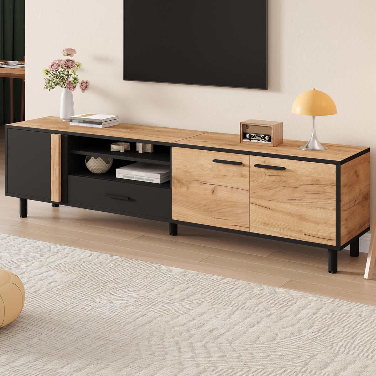 TV-ELEMENT180X32,5X50CM Lowboard Holzoptik-Schwarz für 80-Zoll-Fernseher - Schwarz, Holz (46.99/22.81/71.4cm) - Raelunyi