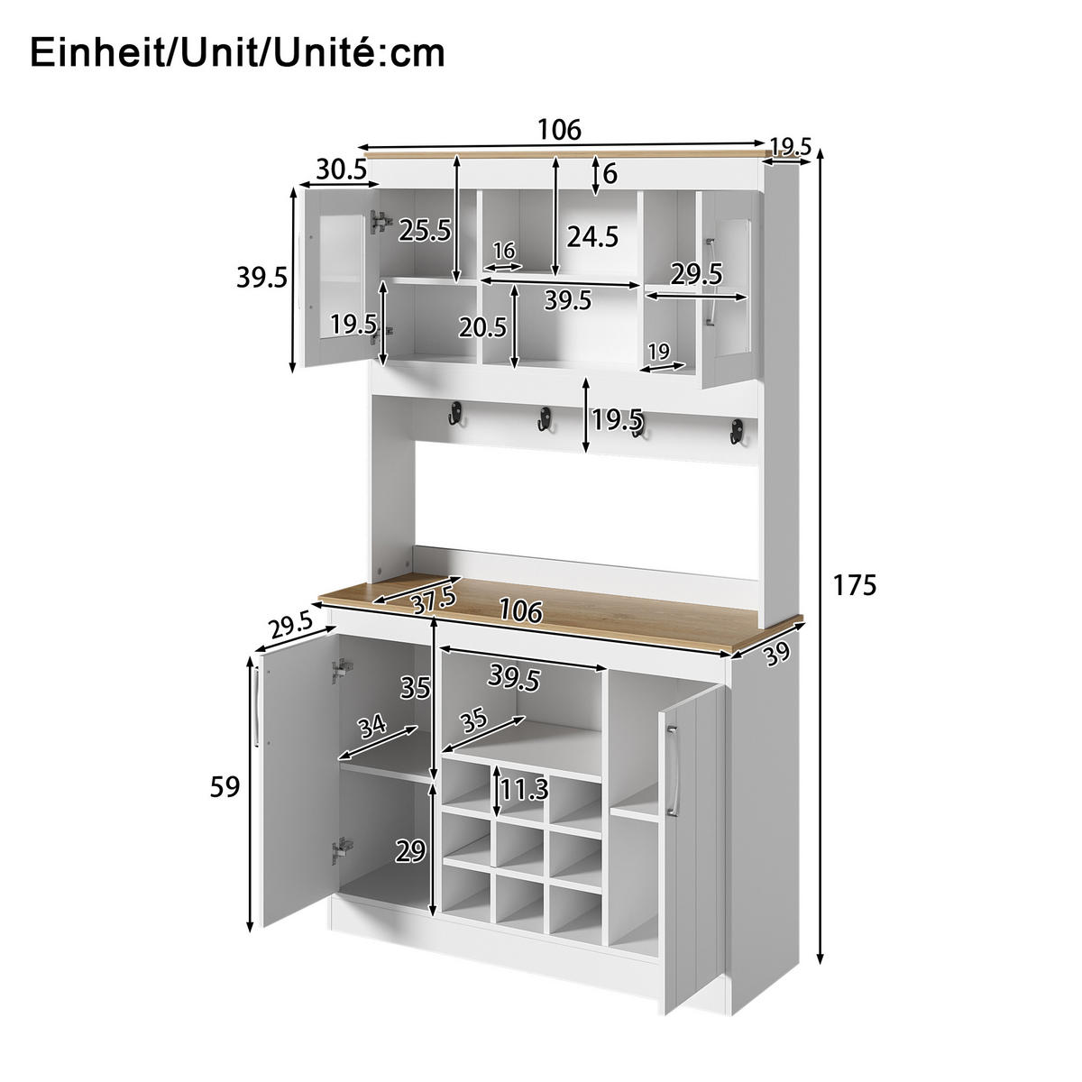 KÜCHENBUFFET 106x39x175 cm, Glastüren, Weinregal, Hakenleiste, Natur/Weiß - Naturfarben, Holzwerkstoff (106/175/39cm) - FOHERE