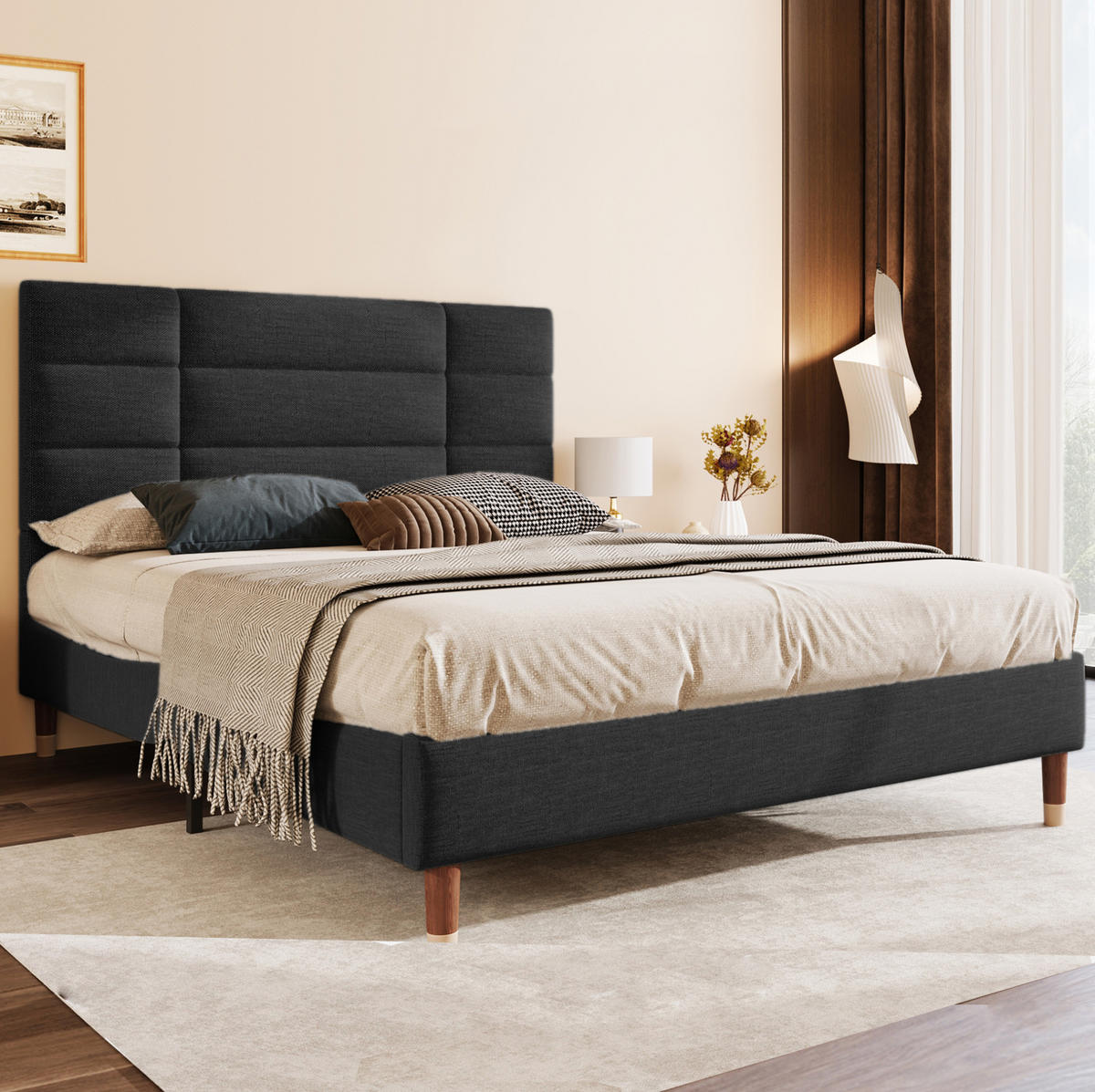 BETT mit Lattenrost 140x200 cm Leinen Schwarz - Schwarz, Holz (140/200cm) - Meubliv