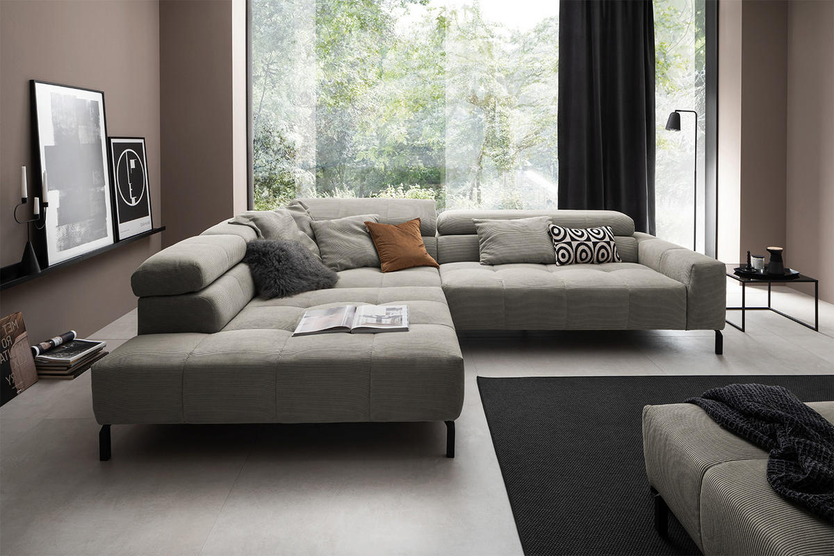 ECKSOFA MIT MOTORISCHEM SITZVORZUG OHIO Grau Cord - Schwarz/Grau, Textil/Metall (311/219cm) - KAWOLA