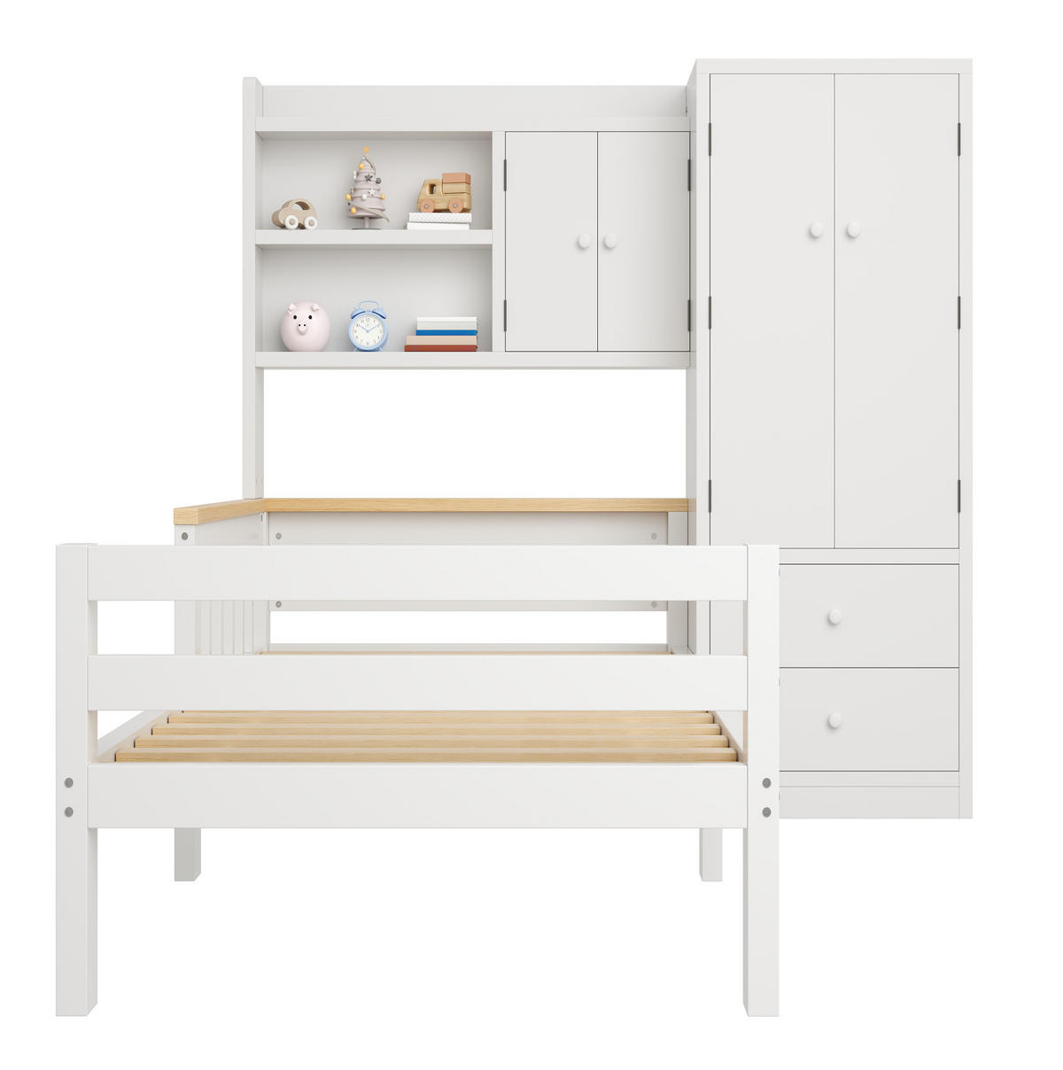 KINDERBETT aus Massivholz und MDF 90x200 cm Weiß mit Kleiderschrank, Schubladen und Regalfächern - Weiß, Holz (90/200cm) - Modfu