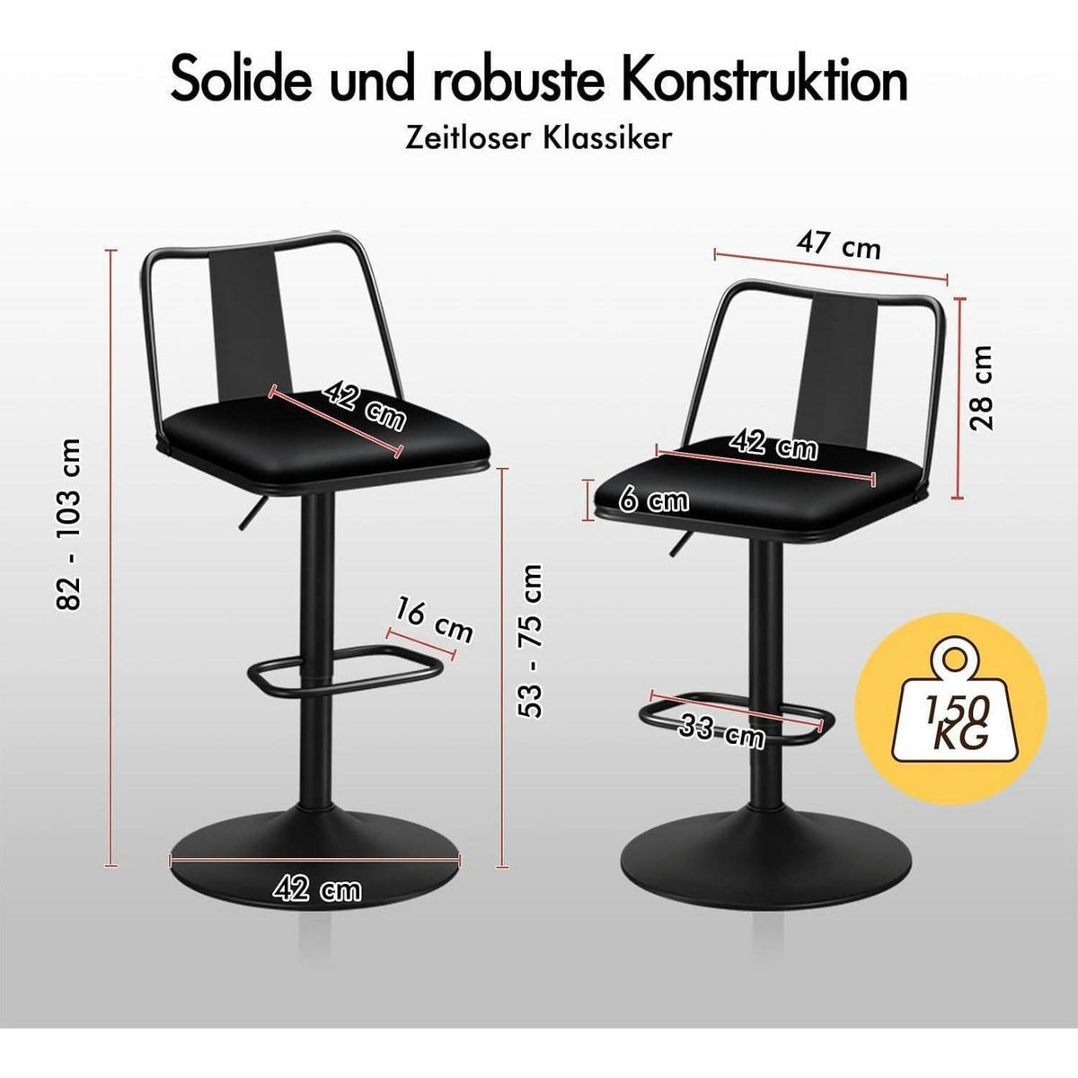BARHOCKER 2-teiliges Set höhenverstellbar mit Rückenlehne Schwarz - Schwarz, Kunststoff (43/102/43cm)