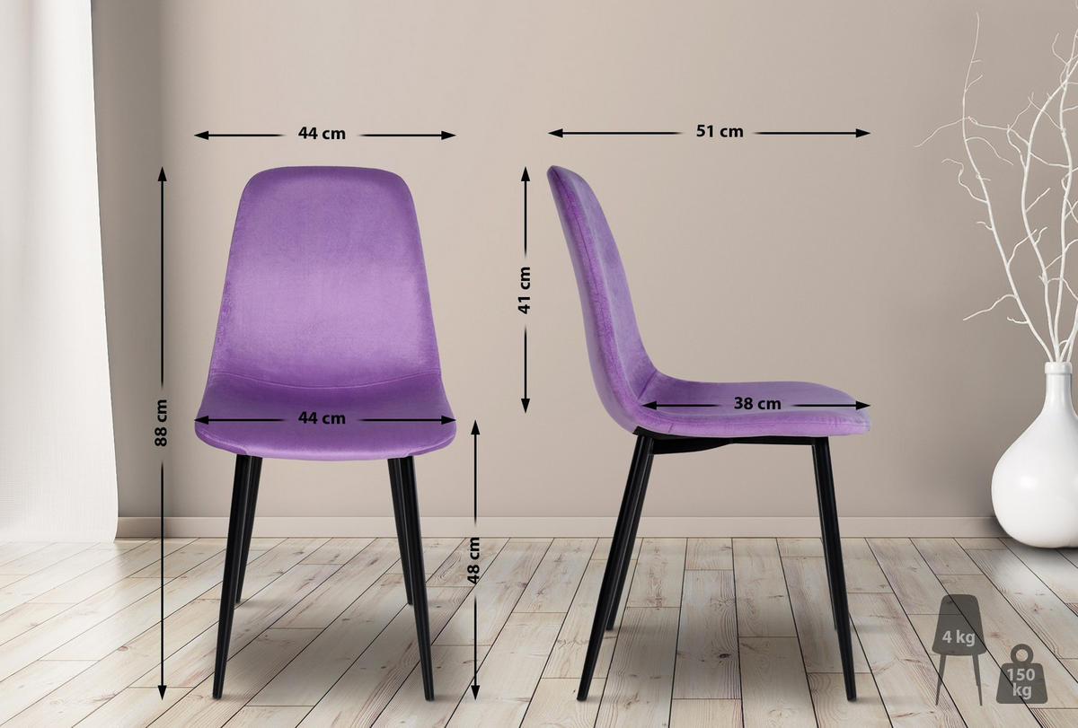 STUHL Samt Lila - Lila/Schwarz, Textil/Metall (44/88/51cm) - CLP