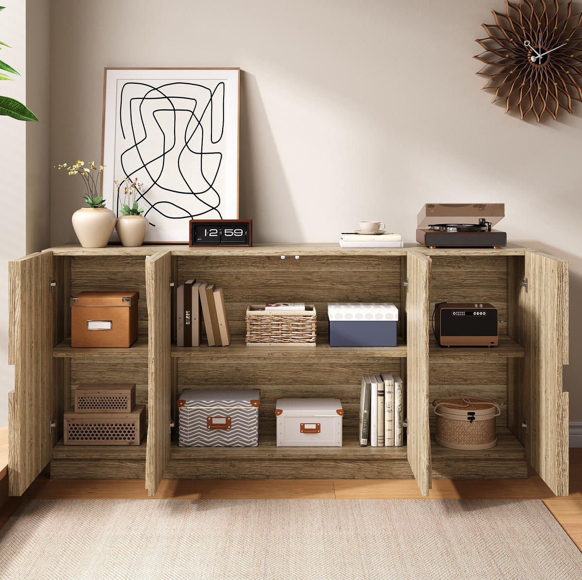 SIDEBOARD 160/40/80 cm in Natur mit Türen, Einlegeböden und Bogenfronten - Naturfarben, Holzwerkstoff (160/80/40cm) - Flora Grace