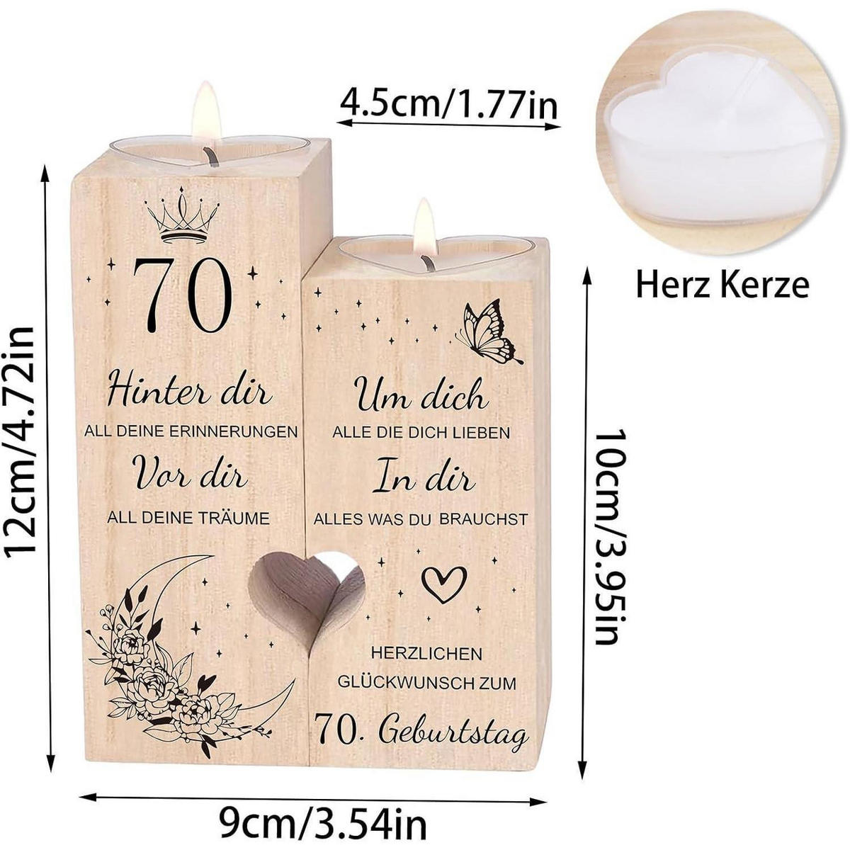KERZENSTÄNDER 70. Geburtstag Holz 12 x 10 cm - Braun, Holz (5/13/10cm)