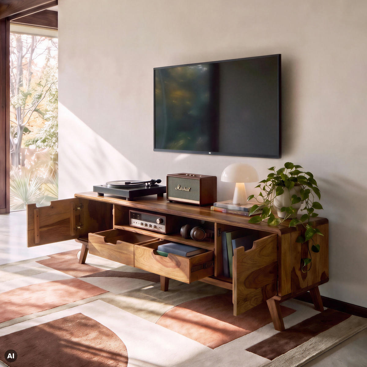 TV-BOARD Sheesham 180x40x48 natur sandgestrahlt lackiert MALMÖ 2 #221 - Naturfarben, Holz (180/48/40cm) - Massivmoebel24