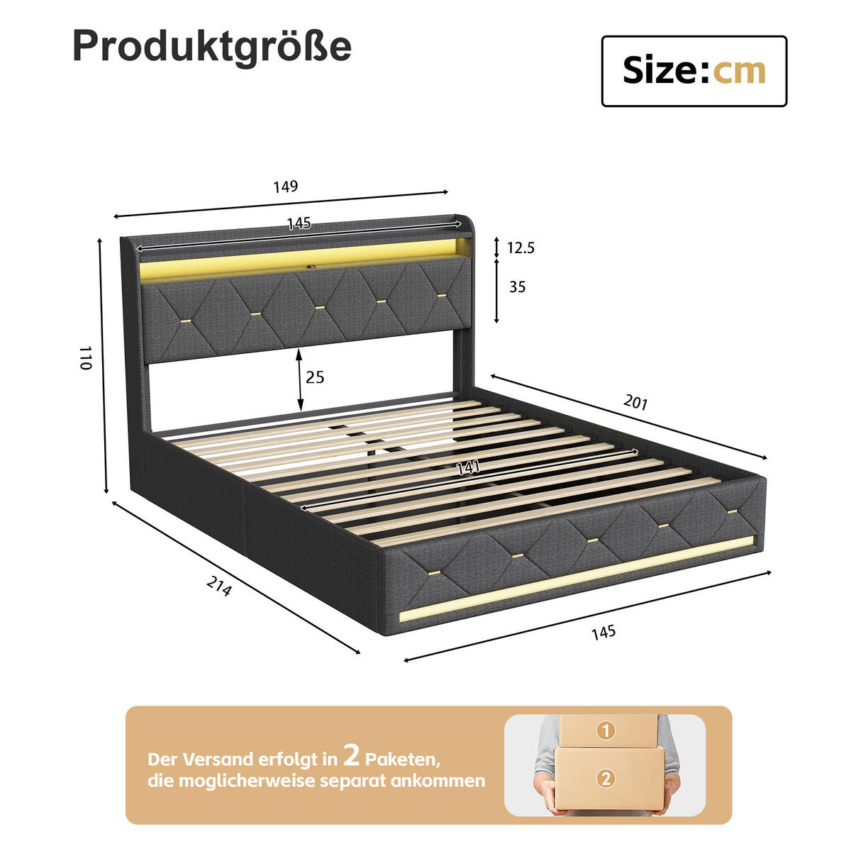 POLSTERBETT 140x200 cm Grau, Doppelbett mit Bettkasten, RGB-LED und USB - Grau, Holz (140/200cm) - PARAFTA HOME