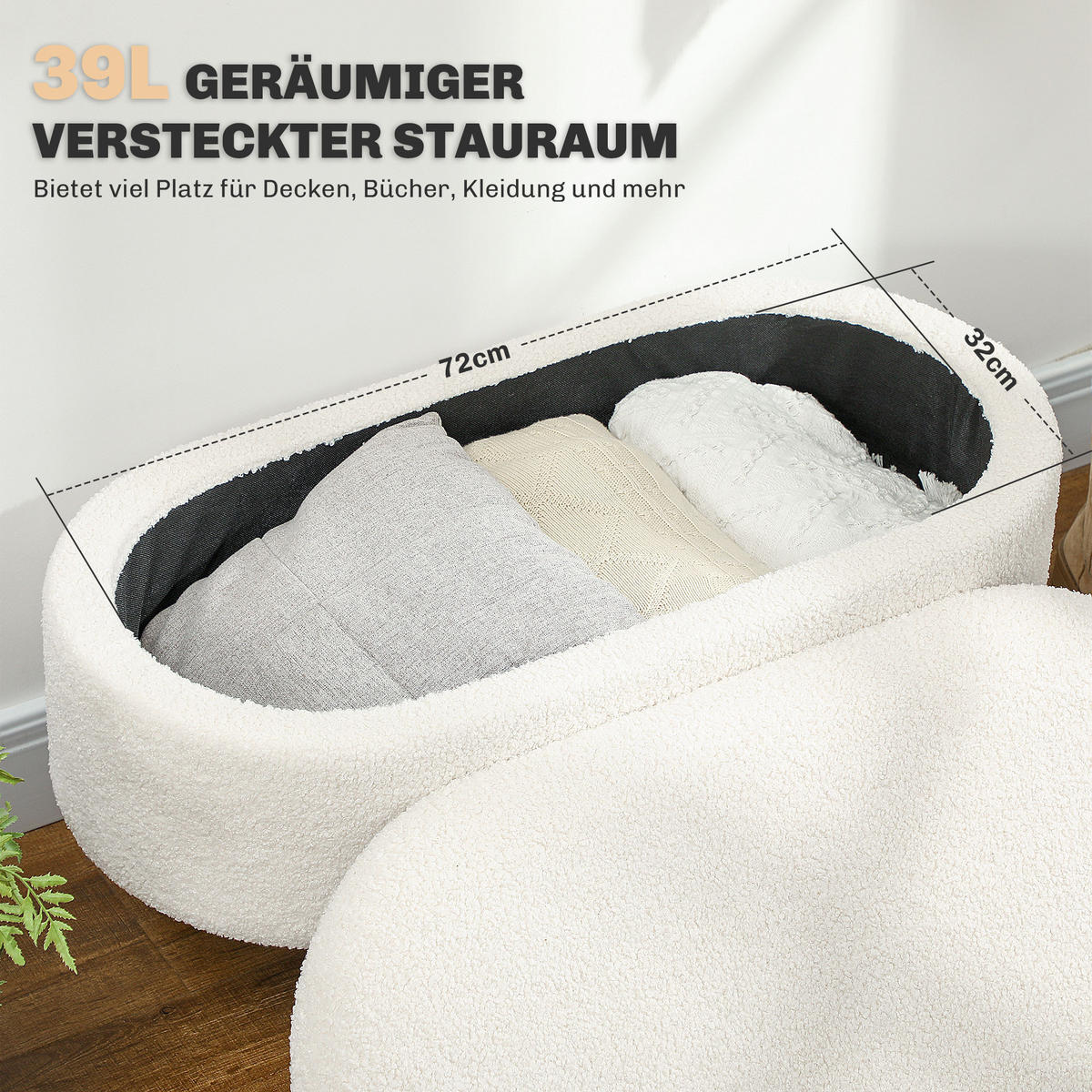 SITZBANK mit Stauraum, Polsterbank mit Deckel, Bettbank mit Teddysamtoptik - Weiß, Kunststoff (41/45/82cm) - HOMCOM