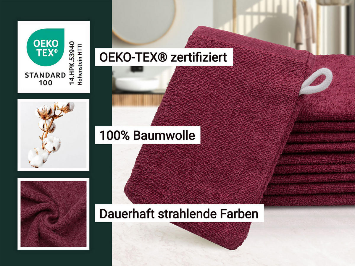 WASCHHANDSCHUH, 10er-Set, 16x21 cm, 100% Baumwolle, Rot - Bordeaux, Textil (16/21cm) - Zollner