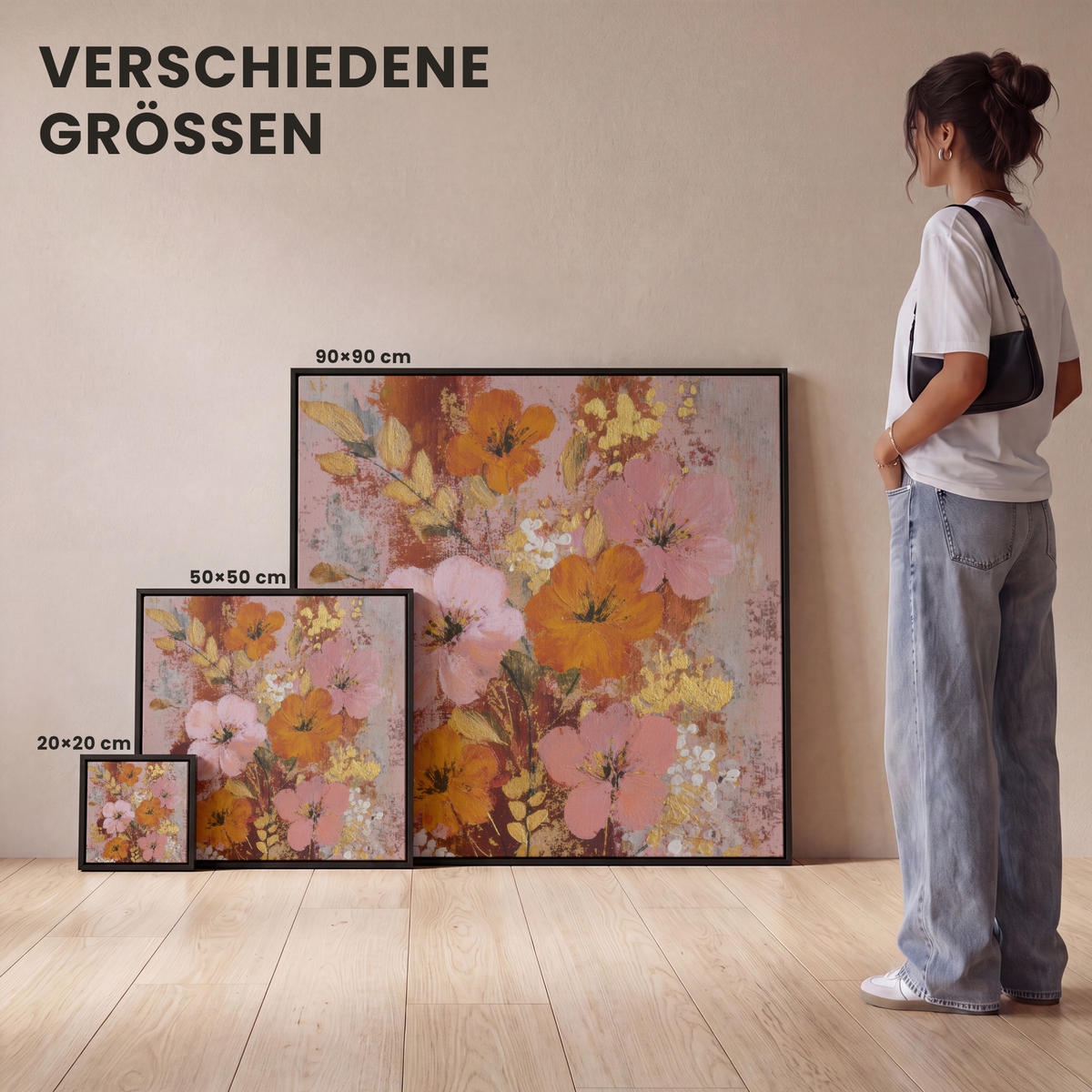 LEINWAND Bilder mit Rahmen - Malerei - Blumen - Rustikal - Rosa - 20x20 - Altrosa, Textil (20/20cm) - MuchoWow