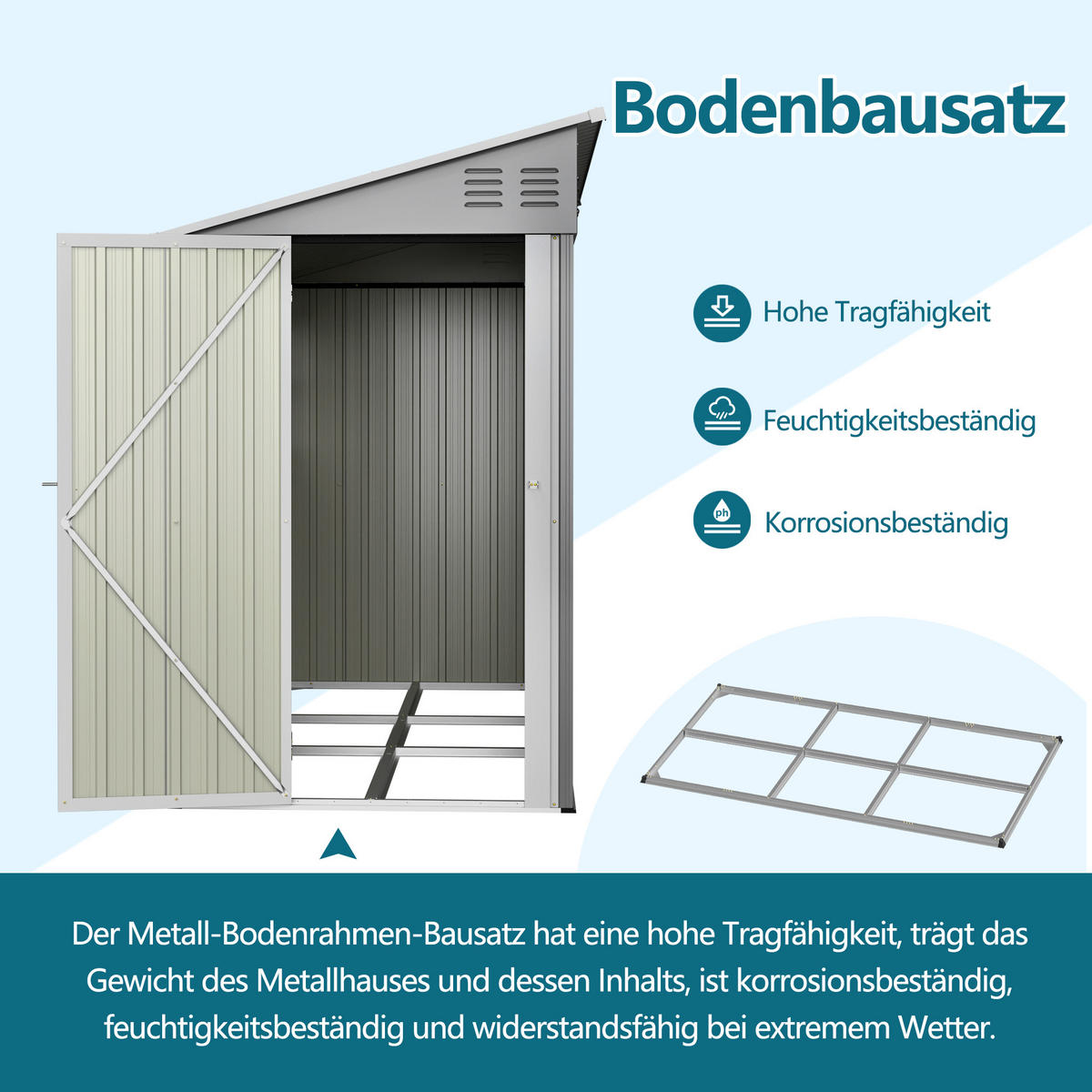 GARTENHAUS aus Metall 291x110.8x188.6 cm in Grau mit Doppeltür & 2 Fenstern - Grau, Metall (110.8/188.6/291cm) - Modfu