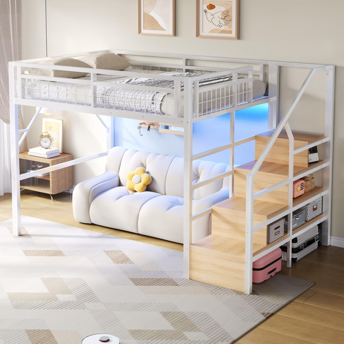 HOCHBETT 140/200 cm, Weiß mit LED-Lichtleiste und Stauraumtreppe - Weiß, Metall (140/200cm) - MIVRAY