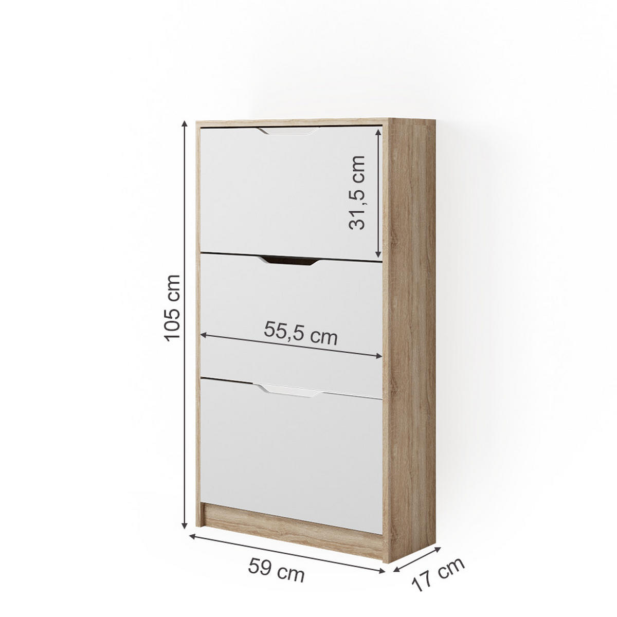 SCHUHKIPPER Luca Weiß/Sonoma 59 x 105 cm 3 Fächer - Sonoma Eiche, Holzwerkstoff (59/105/22cm) - Vicco