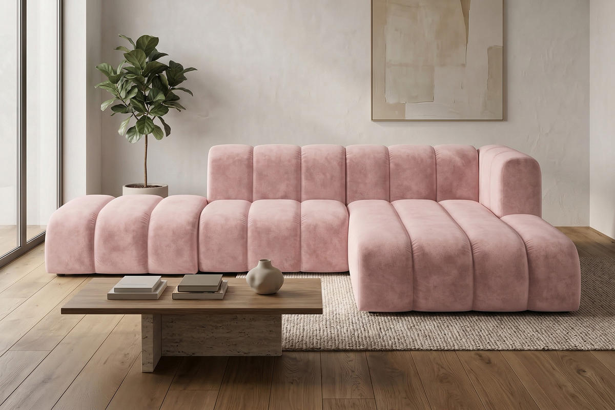 ECKSOFA Modulares In L-Form Mit Hocker, Velvet-Stoff Riviera, Hellrosa, Rechts, GRAND Mini - Hellrosa, Holz (295/179cm) - Kaiser Möbel