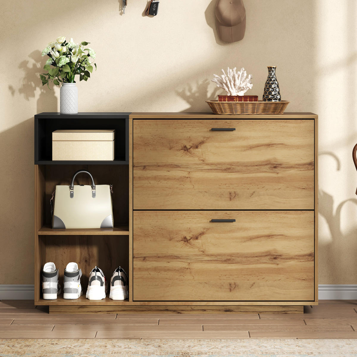 SCHUHSCHRANK Naturholzfarbe und Schwarz 120/32/84,5 cm - Naturfarben, Holzwerkstoff (120/84.5/32cm) - PANGIVO