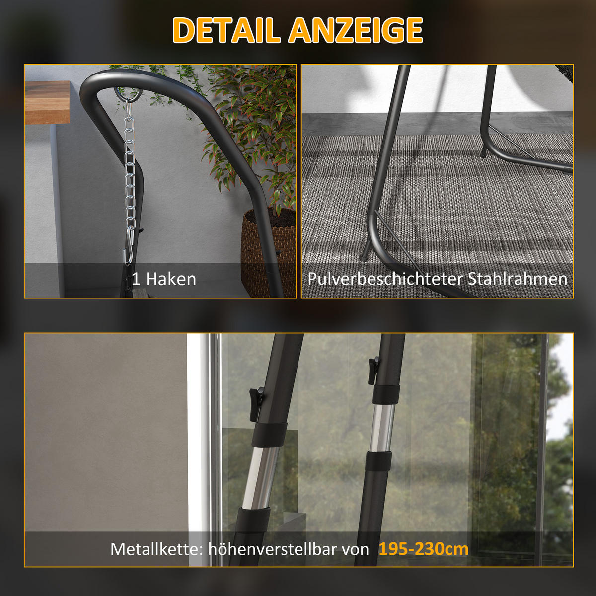 HÄNGESTUHLGESTELL, Metall, Schwarz - Schwarz, Metall (133/116/230cm) - Outsunny