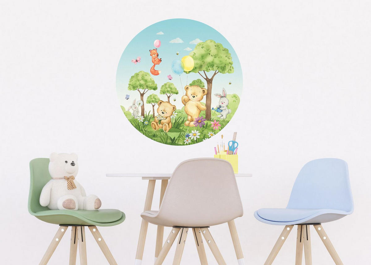 SELBSTKLEBENDE runde Tapete Wald mit Waldtieren Ø 70 cm - Multicolor, Papier (70/70/70cm) - Sanders & Sanders